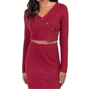 Francesca’s Fall Winter Long Sleeves Crop Top & Midi Skirt Maroon Red Women's XS